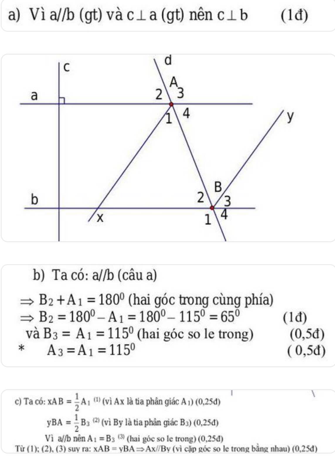 Xem hình vẽ và cho biết a vuông góc với c và c vuông góc với ba) Đường  thẳng a có song song với b không vì sao b) Cho bi... -