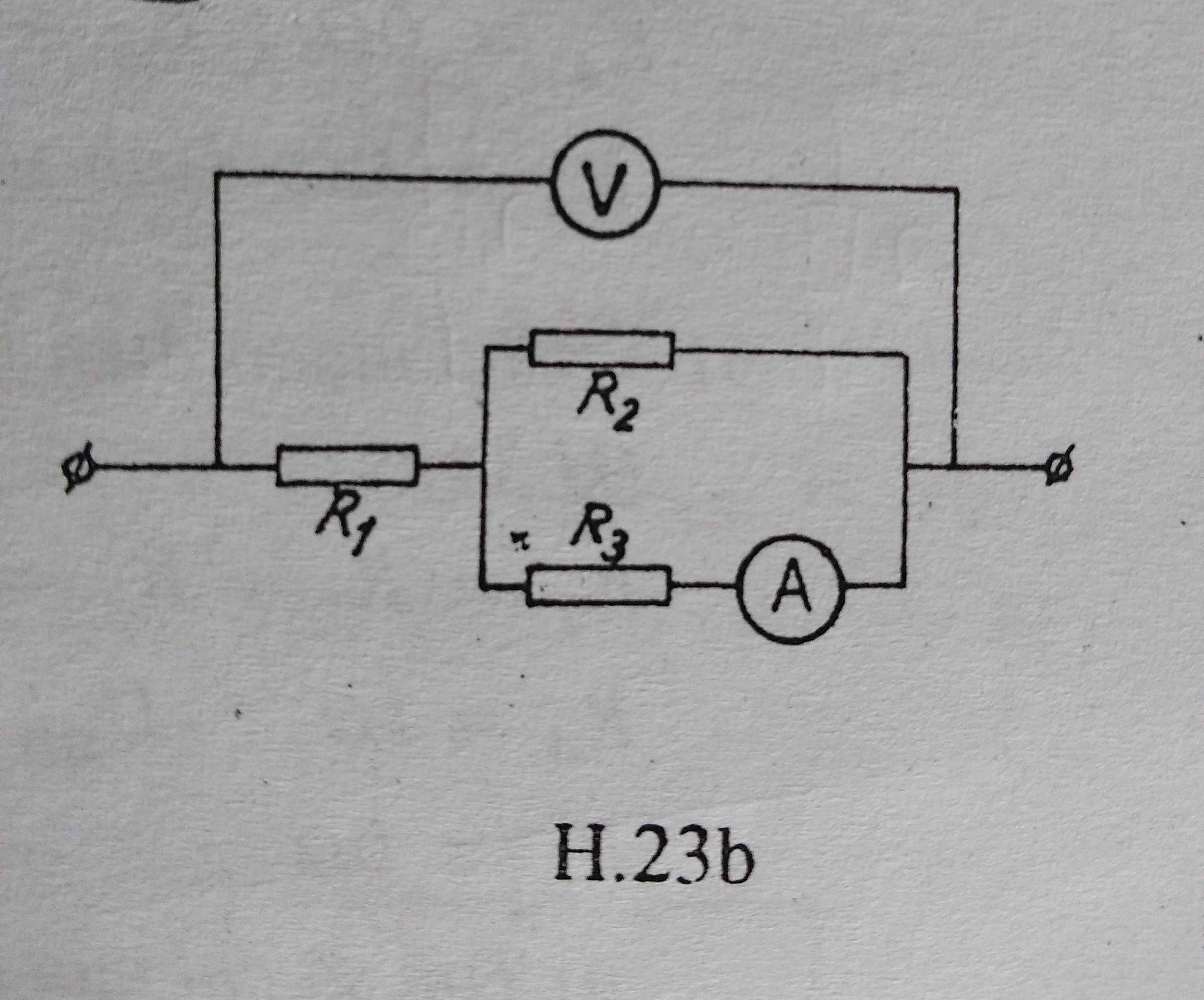 Cho mạch điện như hình vẽ. Biết R1 = 2 ôm, R2 = 6 ôm. Vôn kế chỉ 12V, ampe  kế chỉ 2A. Tính R3 - Hoc24