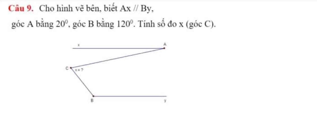 Cho hình vẽ bên, biết Ax//By, góc A bằng 20o, góc B bằng 120o. Tính số đo x  (góc C) - Hoc24